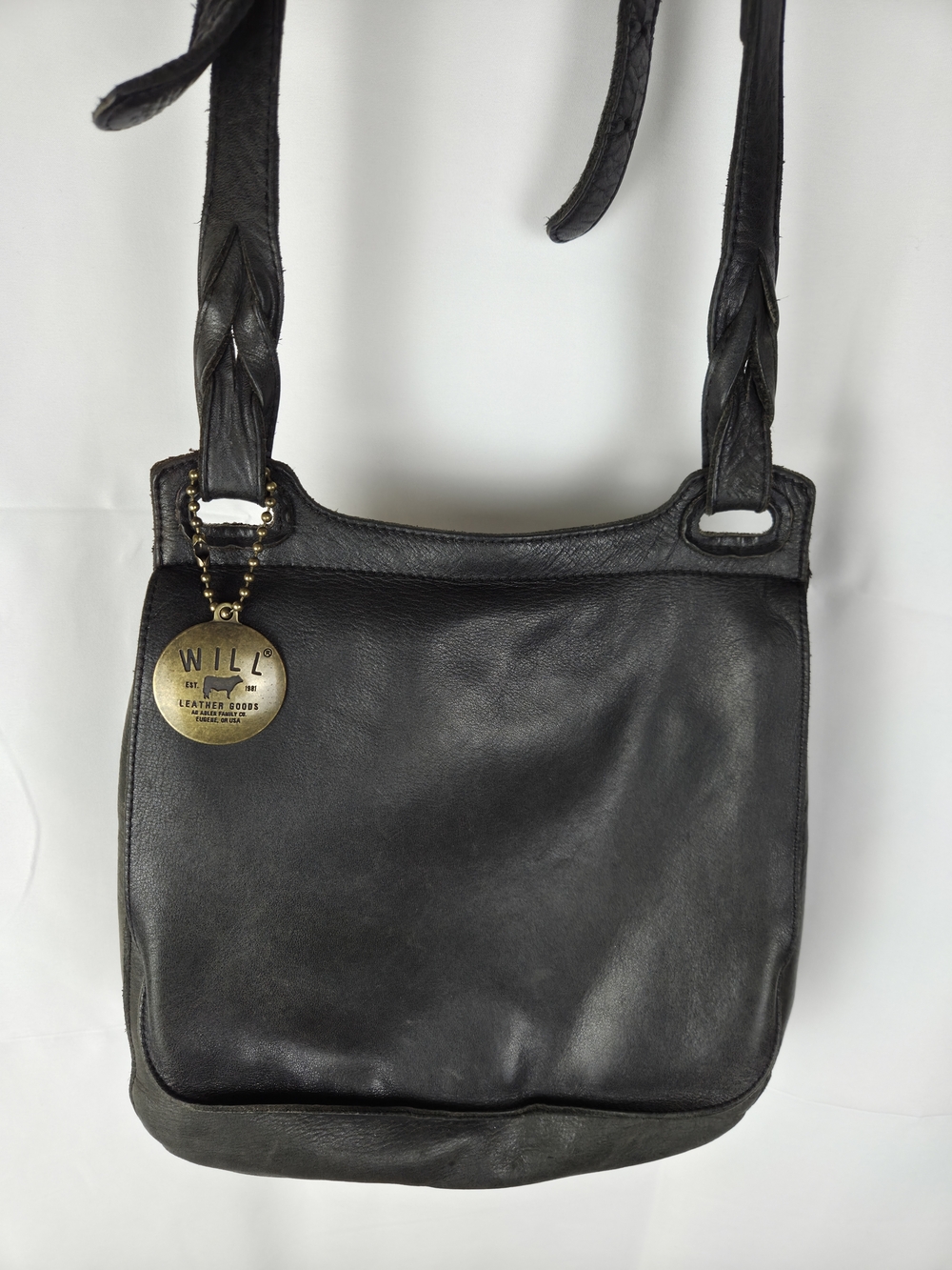 Will Leather Goods Black Braided-Strap Leather Crossbody Bag